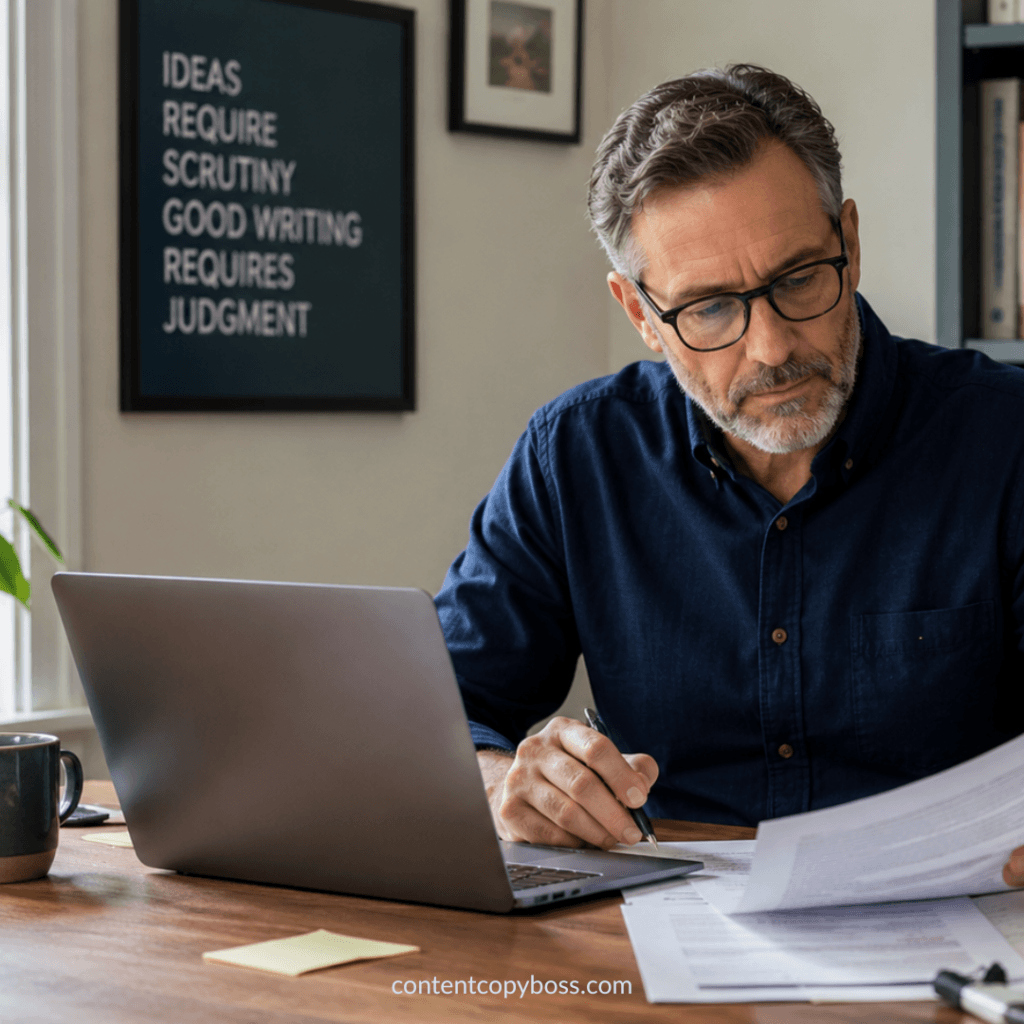 Man sitting at laptop editing AI-drafted content