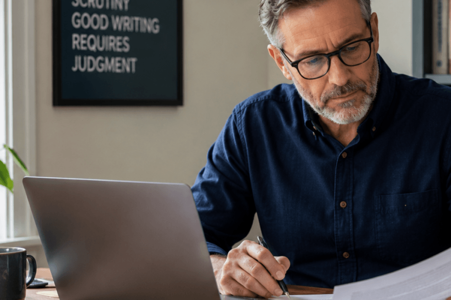 Man sitting at laptop editing AI-drafted content